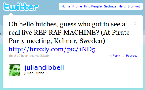 Julian Dibbell: "Oh hello bitches, guess who got to see a real live RepRap?" Julian Dibbell: "Oh hello bitches, guess who got to see a real live RepRap?"